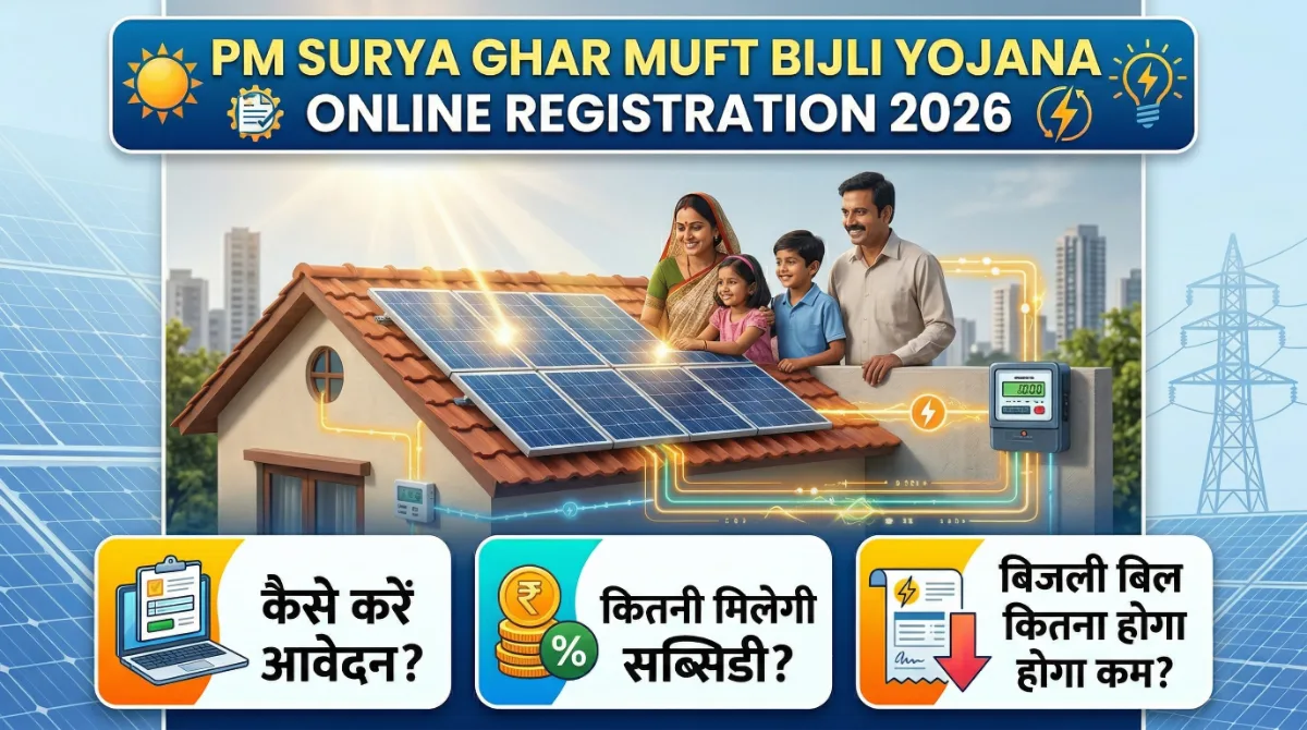 PM Surya Ghar Muft Bijli Yojana Online Registration 2026 में आवेदन कैसे करें, सब्सिडी कितनी मिलेगी और बिजली बिल कितना कम होगा